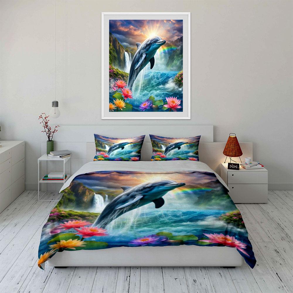 Dolphin Leaping Over Waterfall with Lotus Bedding Set for Kids Luxury Gift 3pcs Digital Print Comforter Set Soft Comfortable
