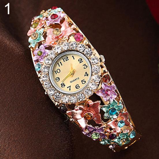 Dameblomst sommerfuglkjole Klokke Rundskive Rhinestone Armbånd Armbåndsur