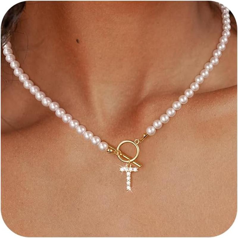 Rhinestone Letter Imitation Pearl Choker Necklace For Women Gold Plated Crystal Initial Pendant Necklace