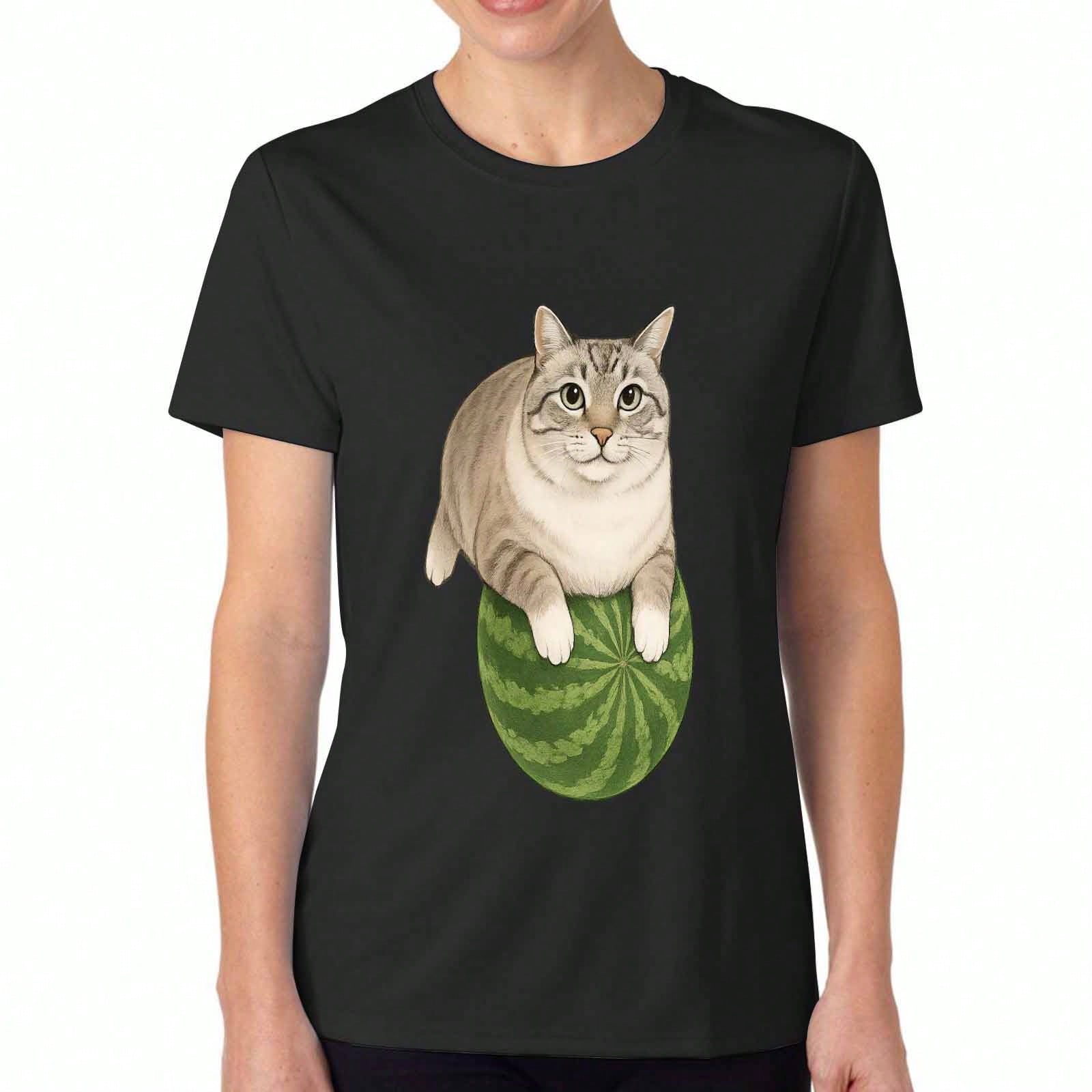 Cat And Watermelon Wounisex Cotton T Shirt, Premium Cotton Quality Print, Durable, Casual And Fashionable. Cute Cat On Watermelon Design, Funny Summer S разноцветный