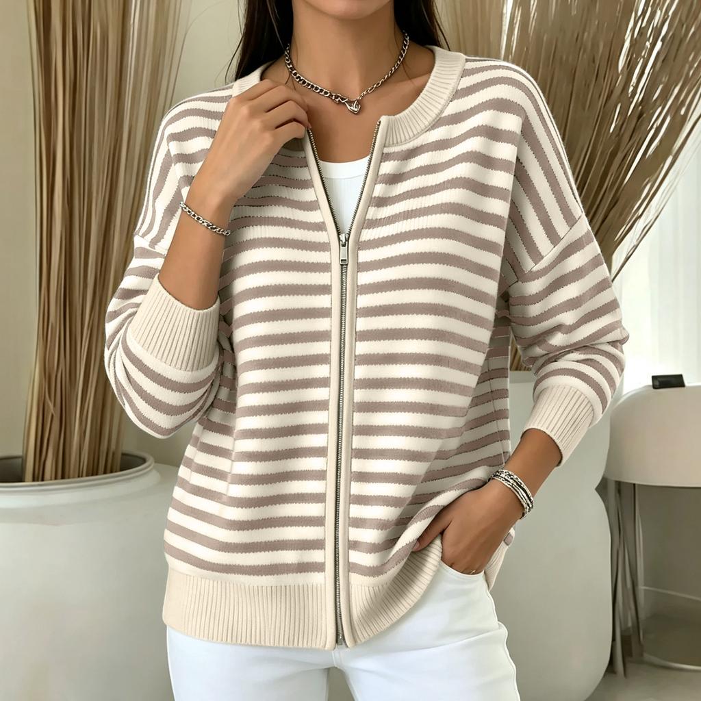 Cardigan zippé en maille rayée décontracté pour femme