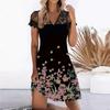 Fashion Women V-neck Printed Lace Splicing Dress Casual Slim Pullover Dress