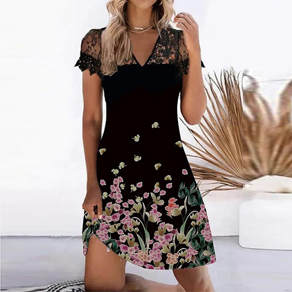 Fashion Women V-neck Printed Lace Splicing Dress Casual Slim Pullover Dress