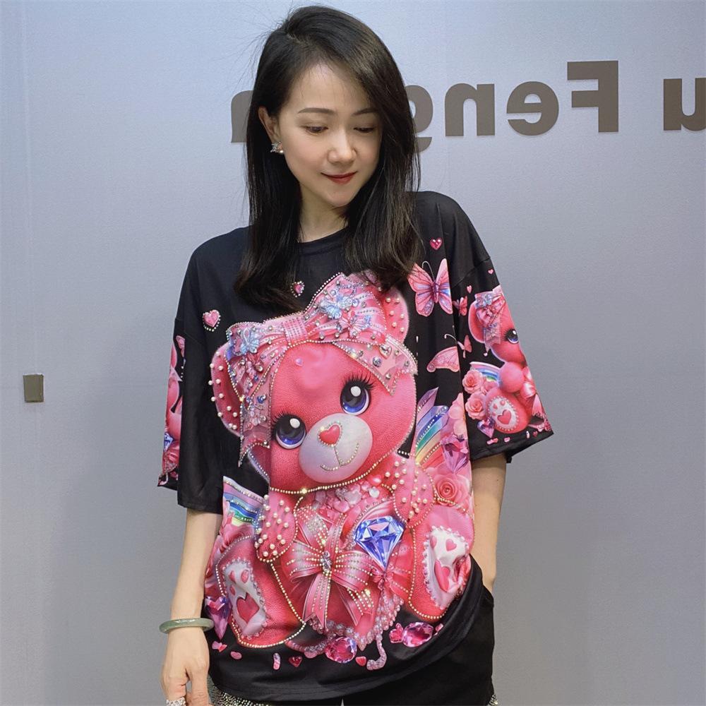 

Fashion Printed T Shirts for Women Summer Clothes Casual Cartoon Bear Pattern Diamonds Beading Female Short Sleeve Tops Tee one size
