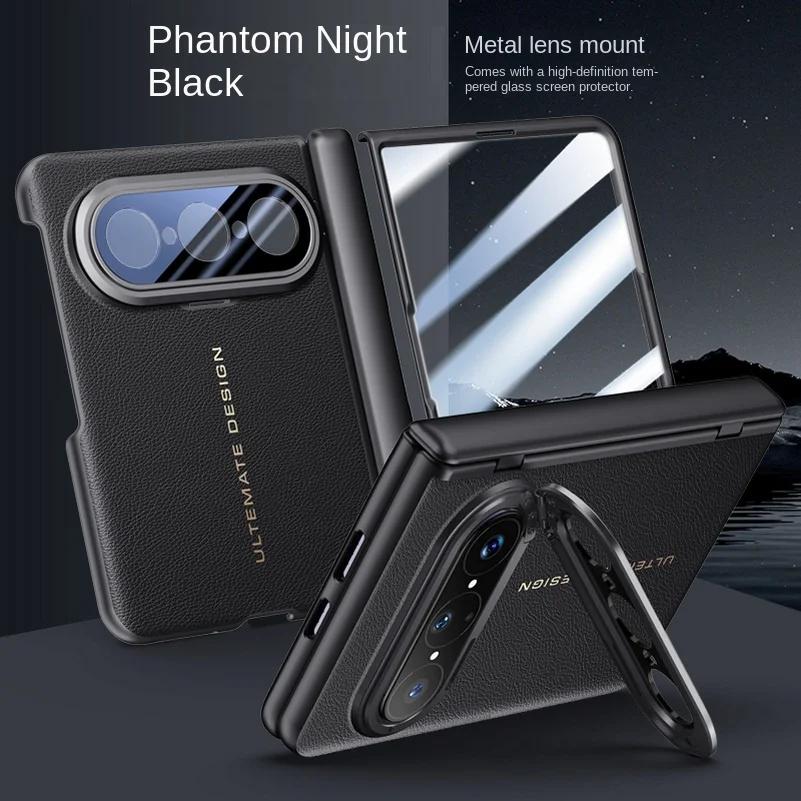 Leather Spring Hinged Lens Camera Holder Stand Case For Huawei Pura X Max With Screen Tempered Glass Protector Cover