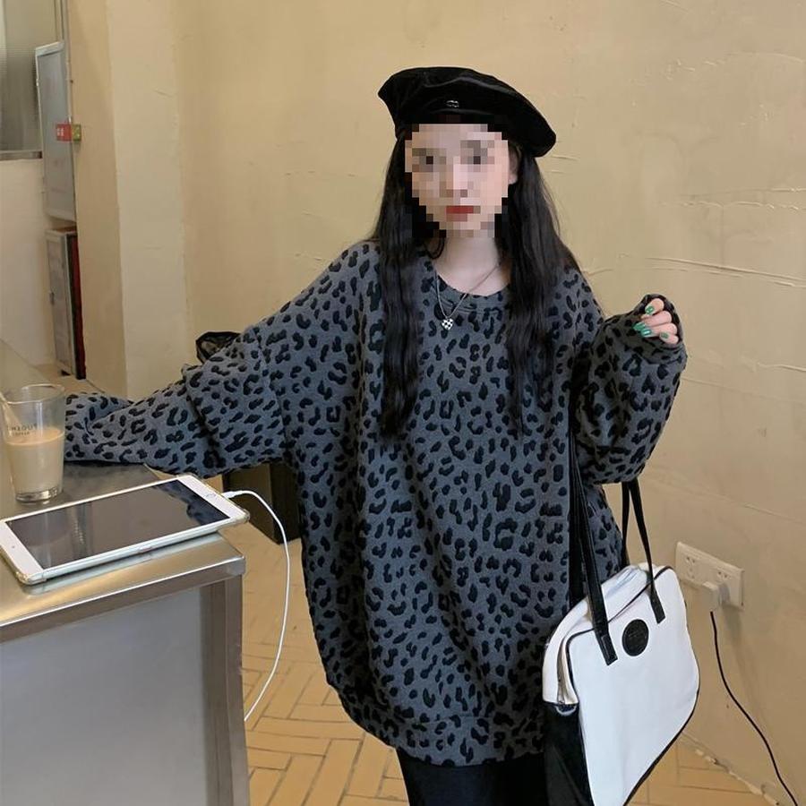 Leopardmönstrad Rundhalsad Fleecetröja för Kvinnor Vår/Höst 300lbs Design Mode Lös Vardaglig Långärmad Topp