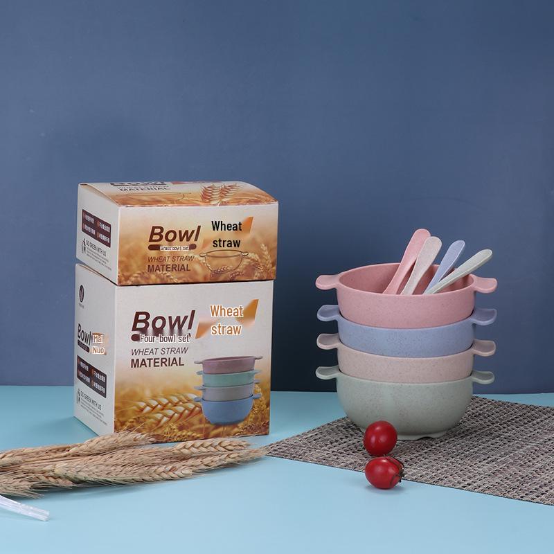 Dětská pšeničná jídelní sada: Miska s dvojitými uchy a lžíce odolné proti pádu a s tepelnou izolací