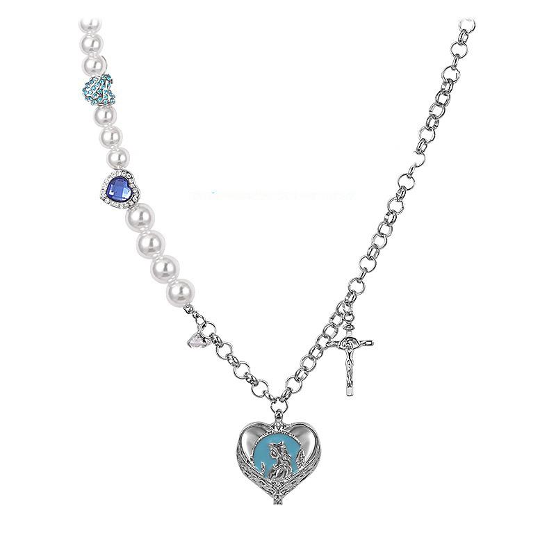 

Sweet and cool necklace women s summer niche design sense love pearl splicing gemstone cross collarbone chain women s fashion jewelry
