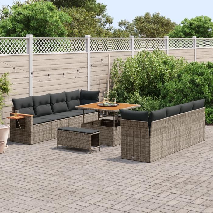 Ensemble de Canapés de Jardin de 11 Pièces avec Coussins Gris Rattan Poly Acacia, Ensemble de salle à manger de jardin 3363158
