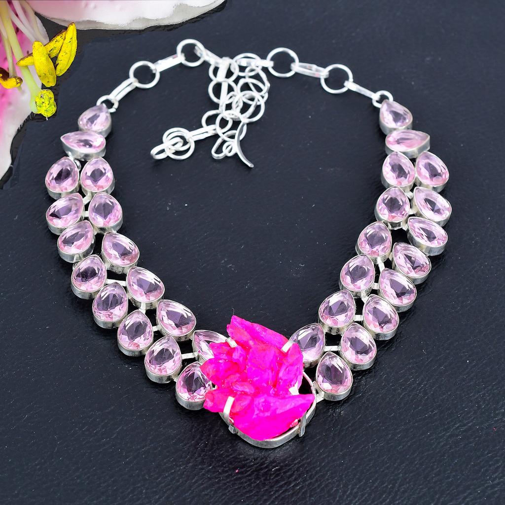 Pink Crystal Druzy, Kunzite 925 Sterling Silver Jewelry Necklace 18" KG-1840