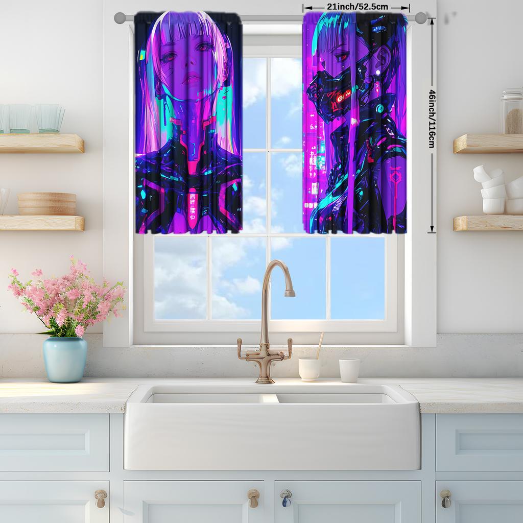 2pcs Cyberpunk Anime Girl Print Curtains – Modern Home Decor for Bedroom   Office   Kitchen   Living Room & Study