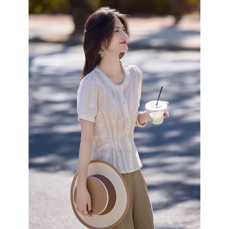 Women's Pleated Hollow Out Short Sleeve Blouse