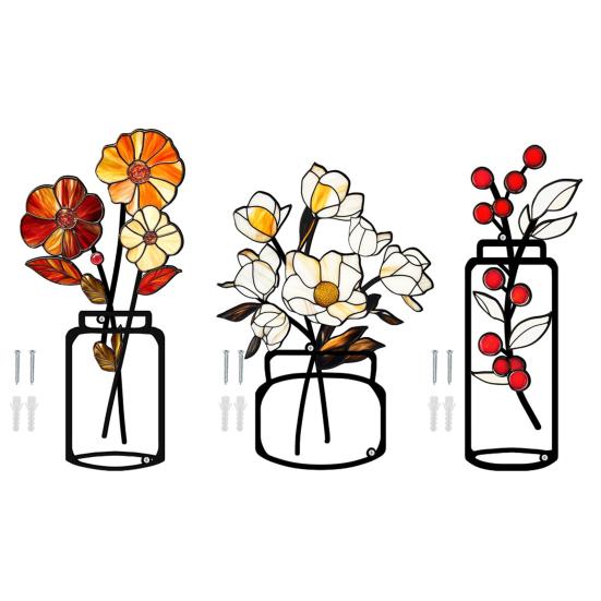 3 Stück/Set Metall Blumenvase Wandskulptur 3D Hohl Eisendraht Pflanzenvase Wandornament Zuhause Büro Wohnzimmer Badezimmer Küche Wandkunst Schild