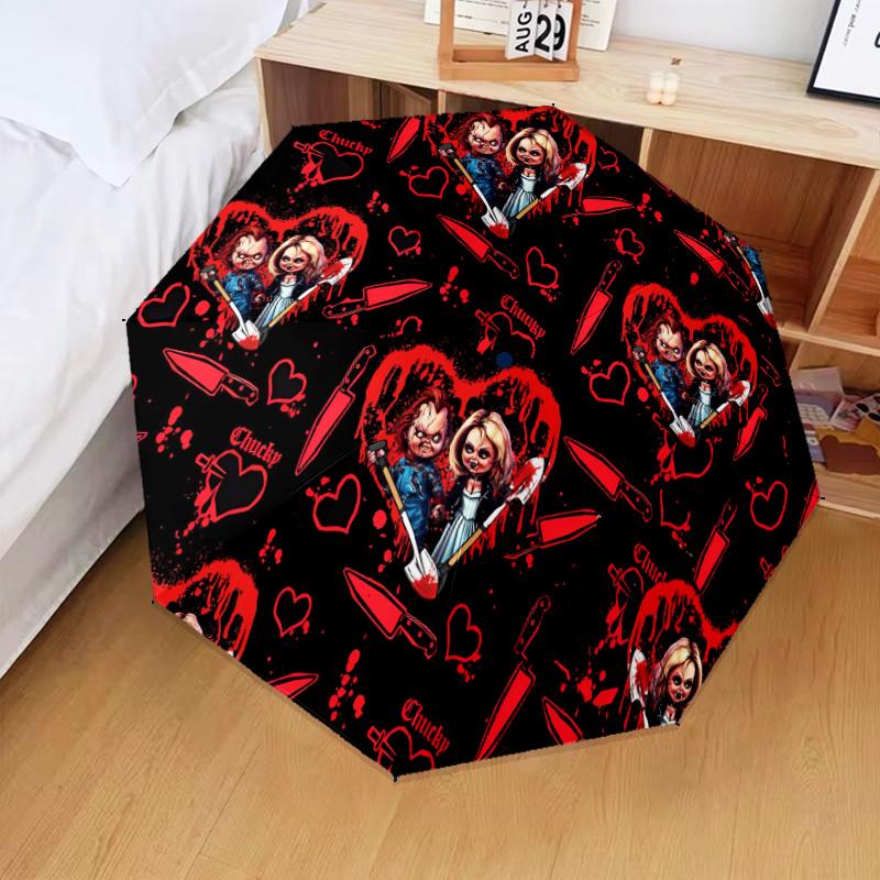Love And Horror Doll Pattern Automatic Folding Umbrella - 8-Rib Travel Umbrella with Auto Open/Close & Portable Gifts for Holidays or Birthdays