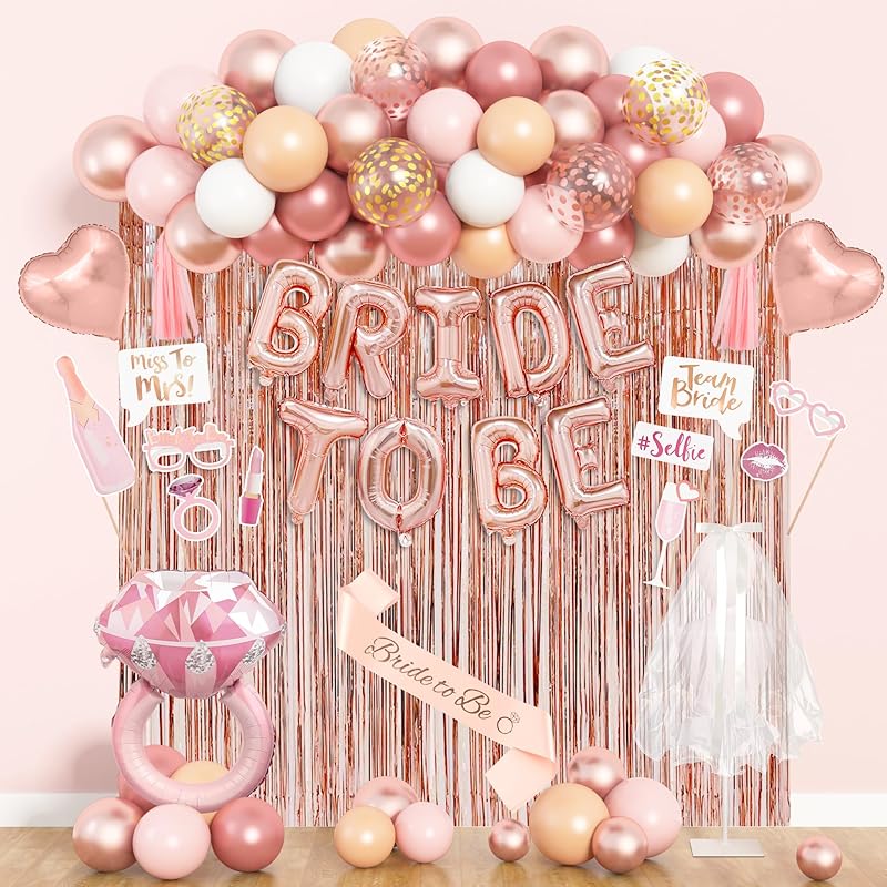 Amandir Bachelorette Party Decorations Supplies, Rose Gold Bridal Shower Decorations Bride To Be Pink White Gold Confetti Foil Heart Balloons, Veil,