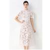 High Quaity Solid Lace Hollow Out Summer Dress for Women Elegant Stand Collar Short Sleeve Slim Midi Dresses