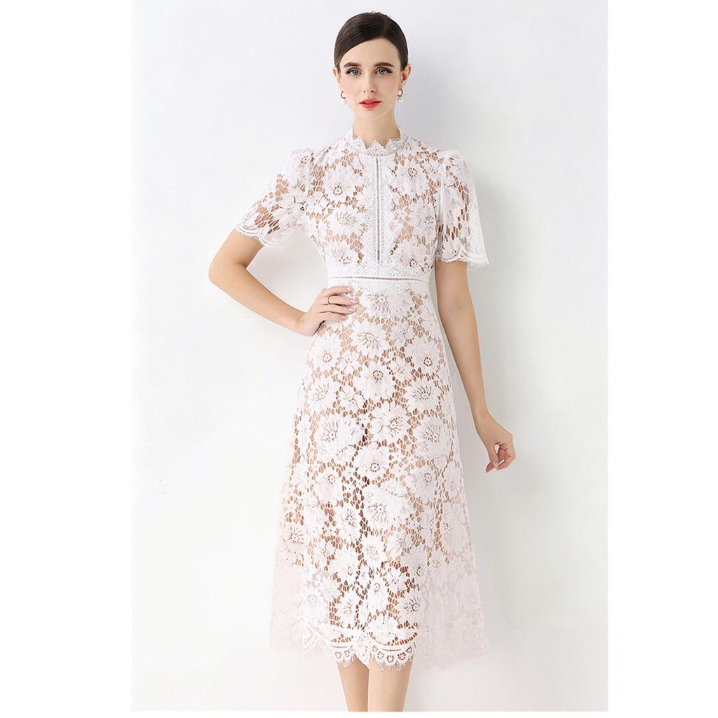High Quaity Solid Lace Hollow Out Summer Dress for Women Elegant Stand Collar Short Sleeve Slim Midi Dresses