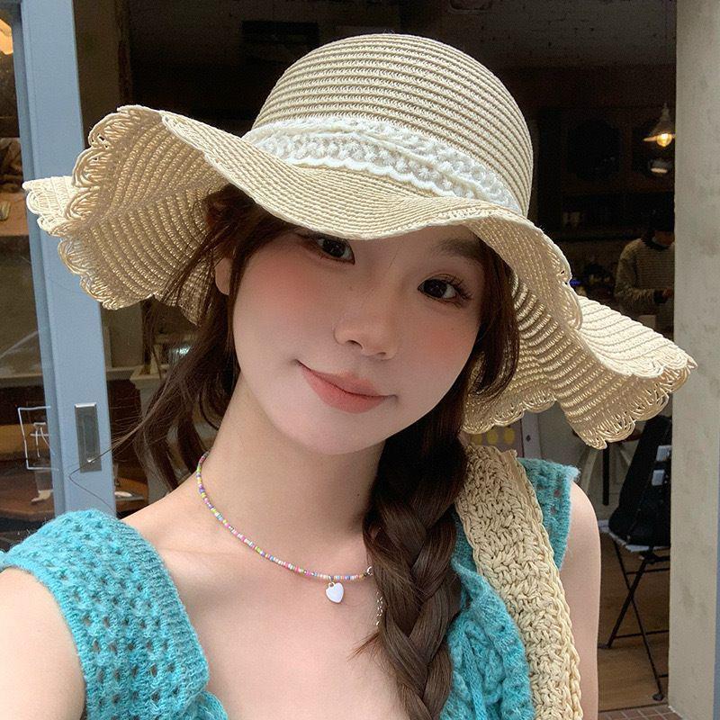 Women's Wavy Edge Lace Bow Large Brim Straw Beach Hat