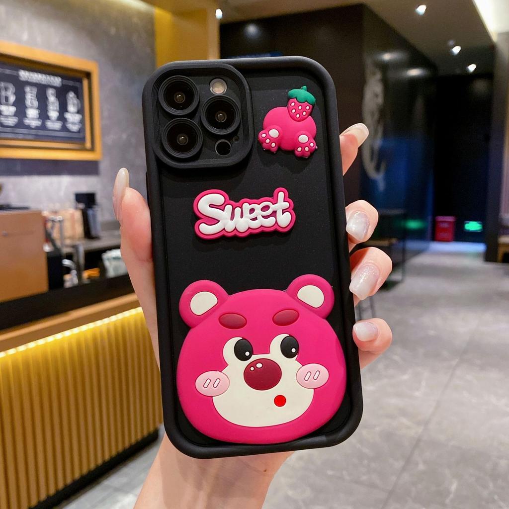 Applicable to Apple 15promax mobile phone case cute sweet strawberry bear iPhone16 women's 12 three-dimensional cartoon