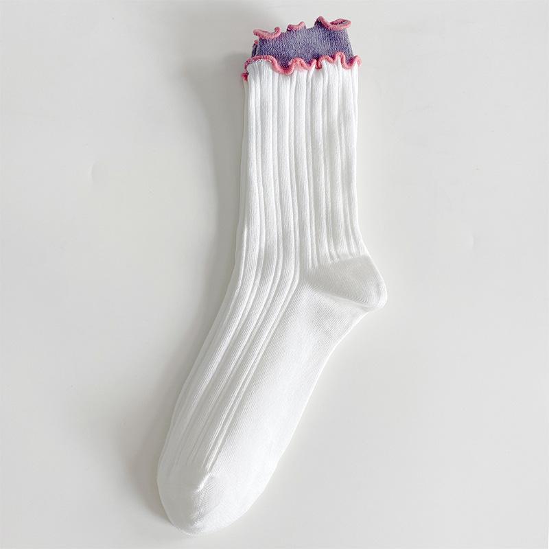 

Women s Spring and Autumn Color Matching Double Lace Drum Pile Cotton Socks 1 pair білий