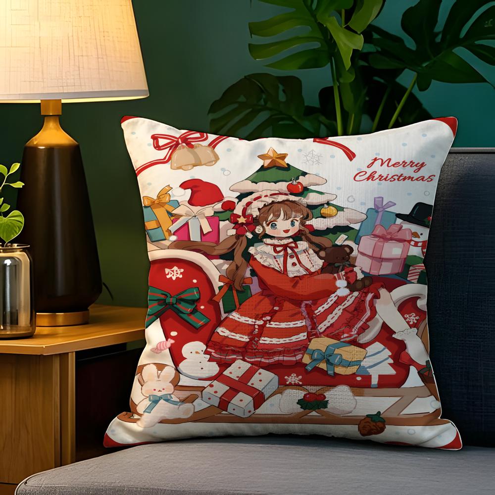 Schöne Weihnachten Niedliche Illustrationen Kissenbezug Natürlicher Leinen-Kissenbezug Beidseitig Dekoriert Sofakissenbezug Heimdekoration