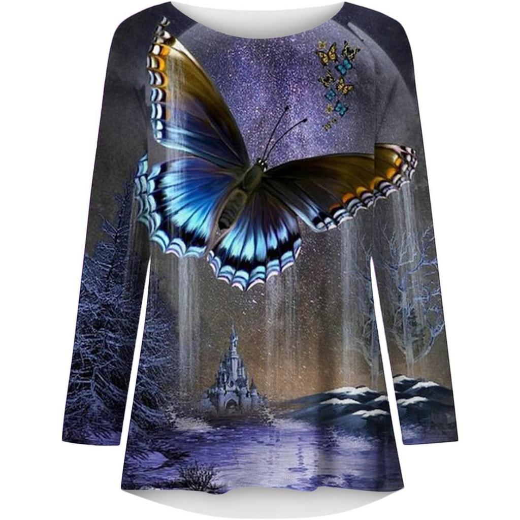 Spring and Autumn Round Neck 3D Butterfly Pattern Printed Top Fashionable Casual Long Sleeved Women's T-shirts