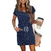Women's Summer V-Neck Casual Short Sleeve Drawstring With Pocket Vintage Floral Dresses