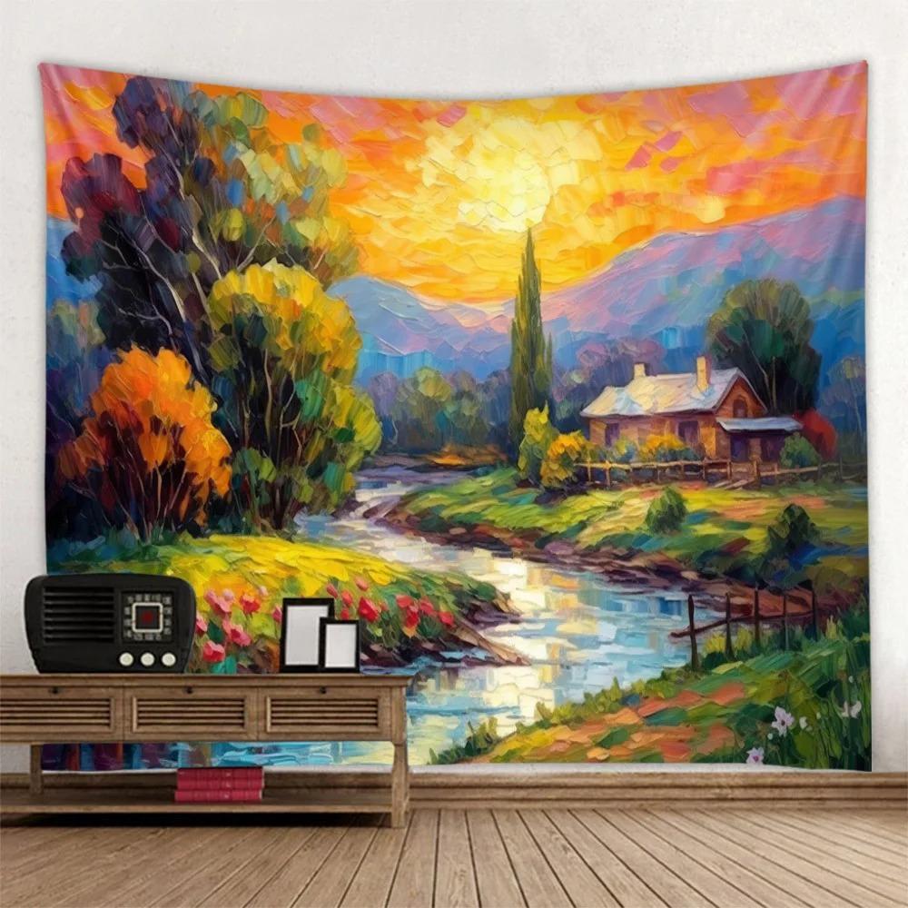 Home Decor Forest Stream Water Wall Hanging Landscape Oil Painting Tapestry Bohemian Art Living Room Bedroom