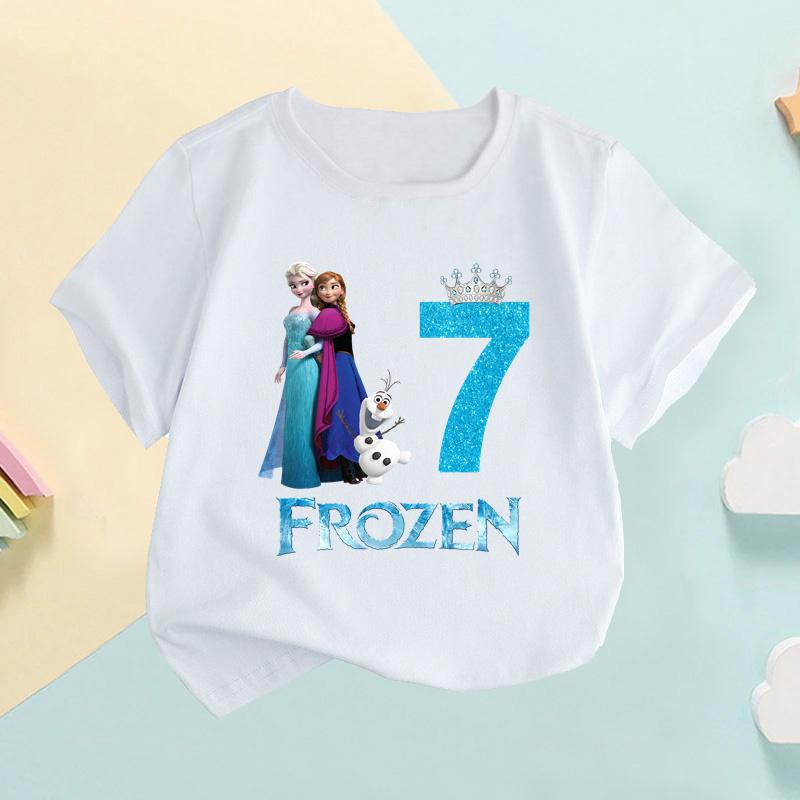 Frozen Anna Elsa Princess Number Print Girls Clothes Birthday Kids T Shirt Baby Children T-Shirt