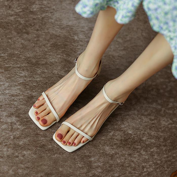 Fashion Ankle Strap Middle Heeled Sandals Women Fashion Pu Leather Square Toe Sandales Woman Summer Buckle Party Pumps Shoes Female