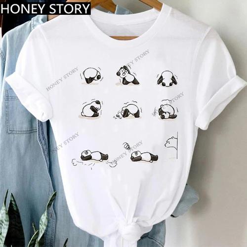 Women's Animal Panda Alpaca Print Loose T-shirt Aesthetic Graphic Top Summer Fashion Polyester Fabric Student Base Layer Shirt