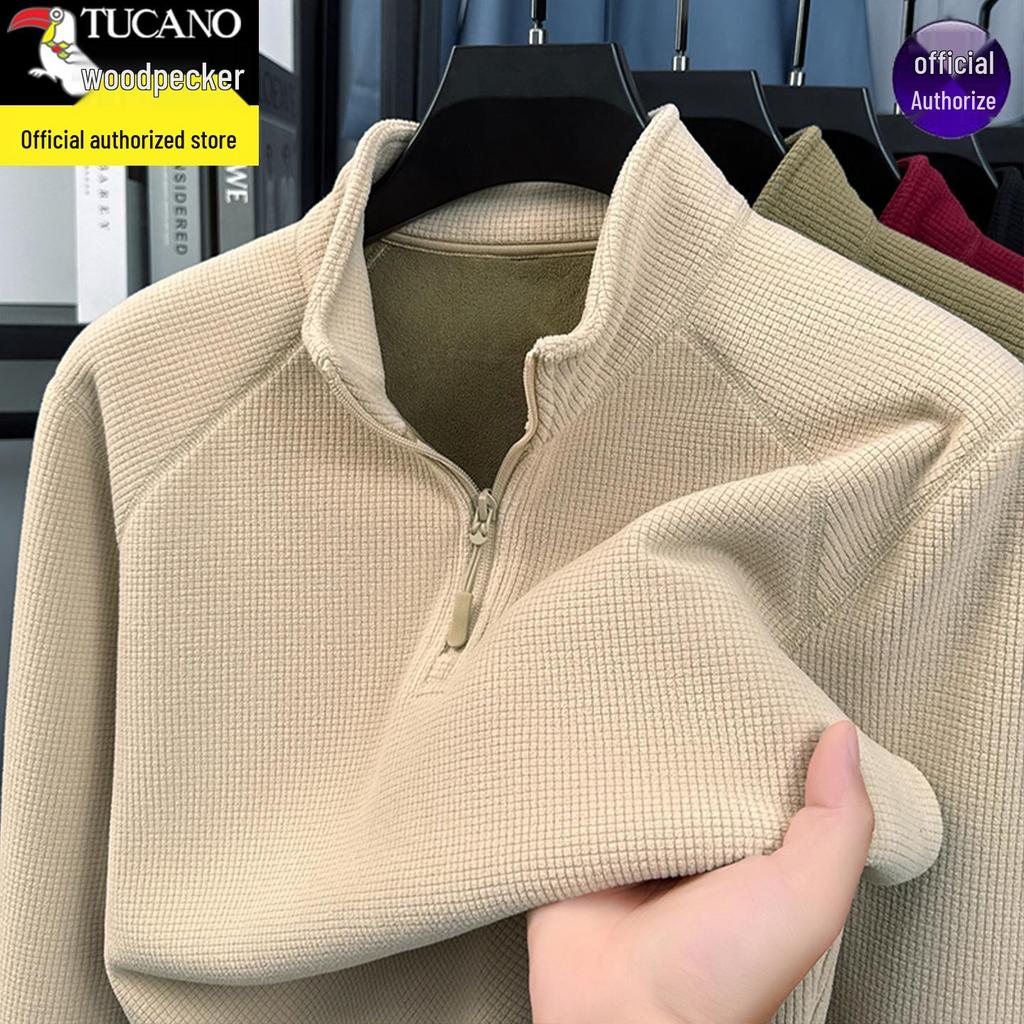 Woodpecker Men's Thick Velvet Fleece Hoodie with Half-Zip and Stand Collar for Autumn/Winter 2025