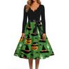 Women Casual Vintage Halloween Dress V Neck Long Sleeve Belted Waist Retro Printed Midi Dress for Autumn and Party