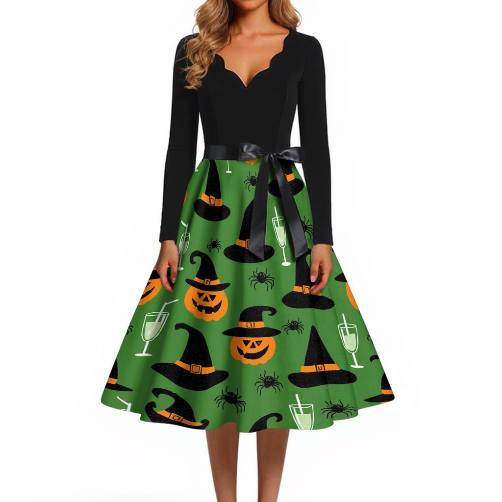 Women Casual Vintage Halloween Dress V Neck Long Sleeve Belted Waist Retro Printed Midi Dress for Autumn and Party