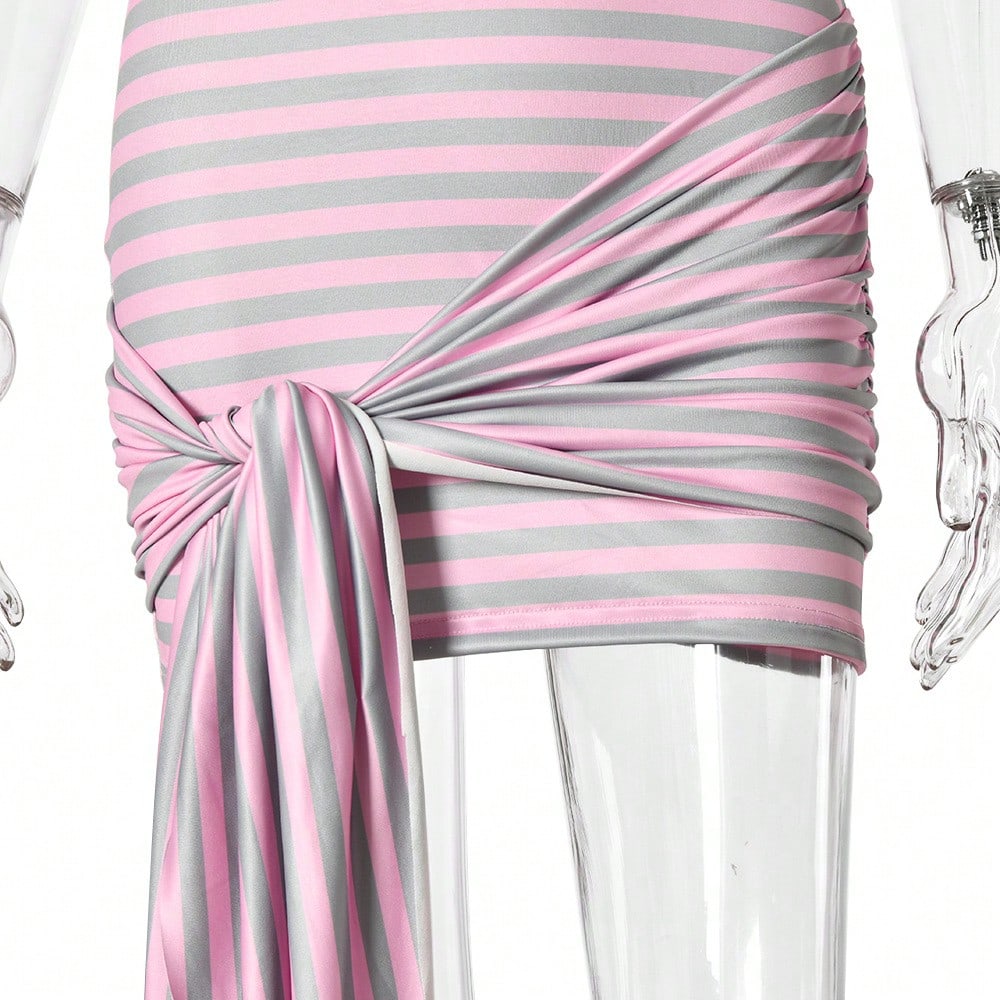 Europe and the United States hot-selling 2026 fashion printing striped neck sling low-cut backless strap slim hip-wrapped Spice Girl short skirt
