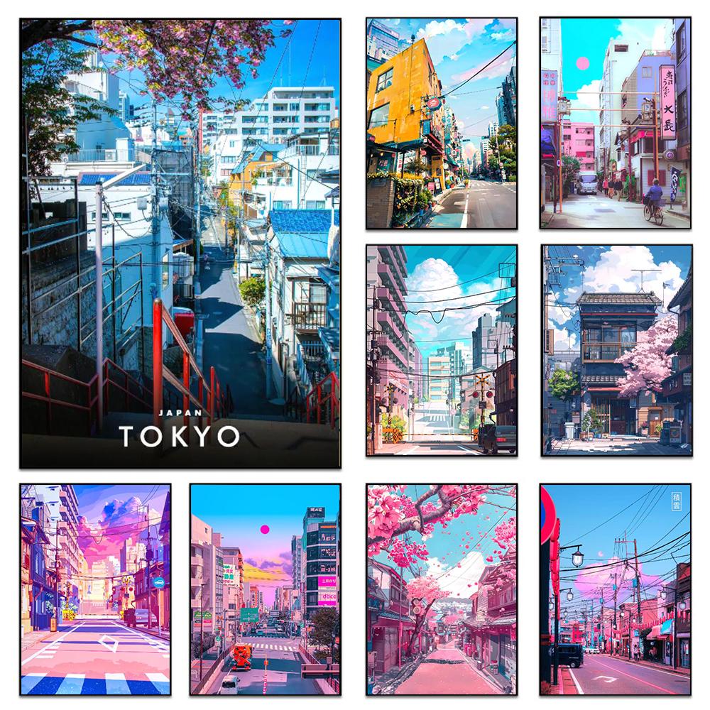 Japanese City Street Canvas Wall Art Anime Scenery Print Aesthetic Japan Town Landscape Poster Tokyo Cityscape Canvas Painting