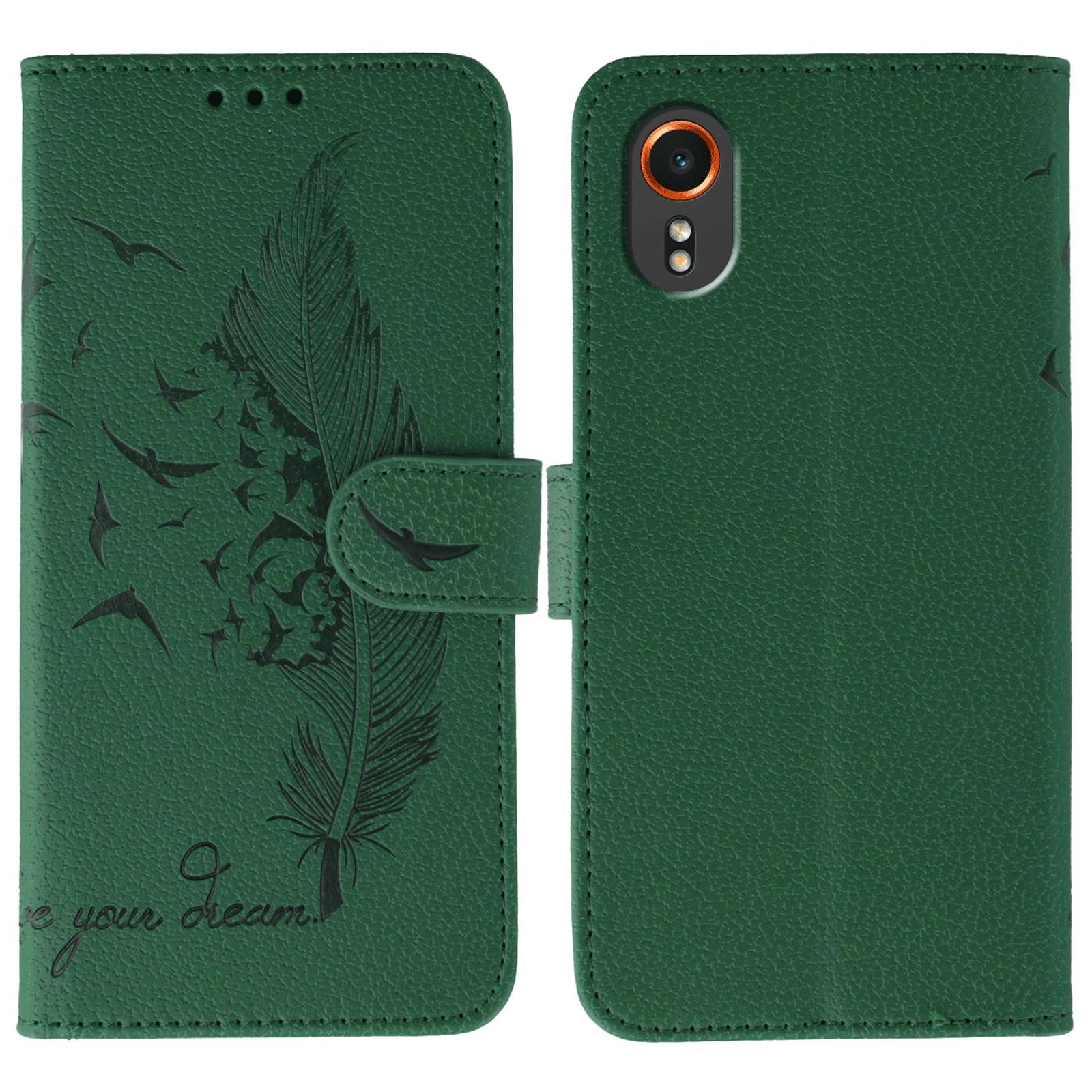 

For Samsung Galaxy Xcover7 Case Feather Imprint PU Leather Wallet Phone Cover Green