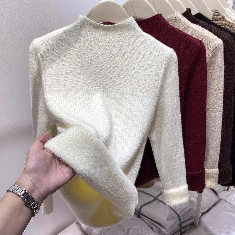 Dámský svetr s vysokým límcem Teplé sametové základní tričko Volný top Pletený svetr