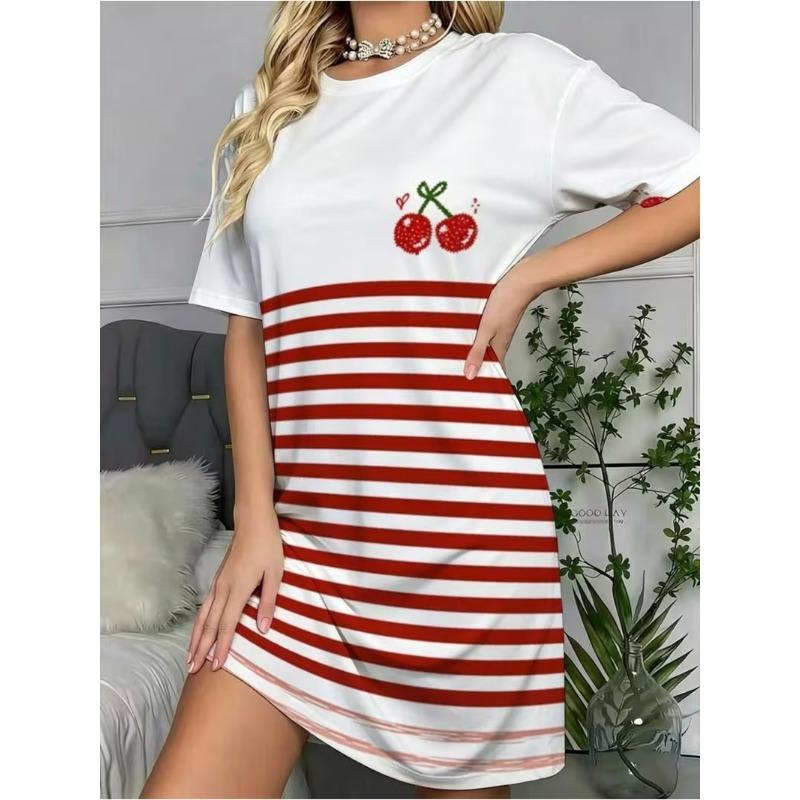 Ladies 3D Colorful Stripe Print Mini Dress Summer Casual Round Neck Short Sleeve Women's Clothing Fashionable Casual Dress