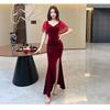 Black Evening Dress Women's High Sense Velvet Hot Diamond Niche Banquet Host Temperament Fishtail Sexy Deep V Long Dress