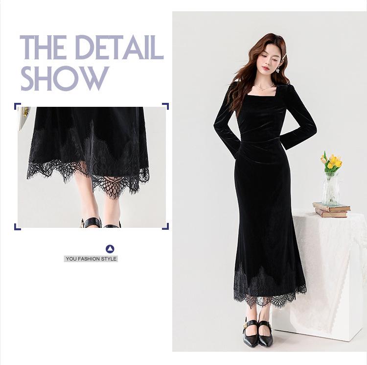 Elegantes Samtkleid für den Herbst mit eckigem Ausschnitt und Spitzenbesatz