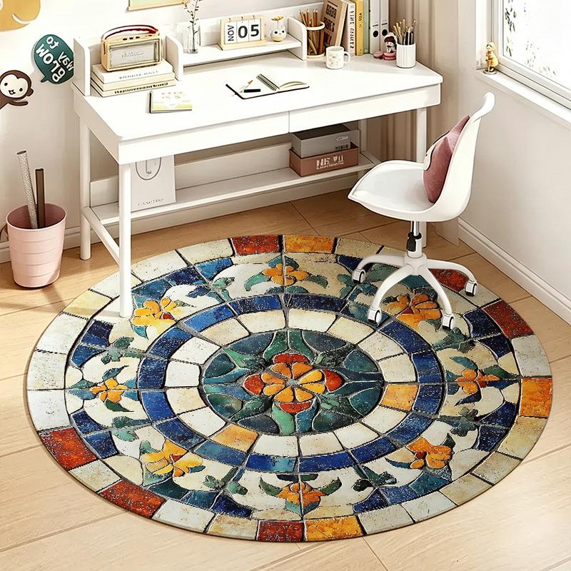 1Pcs Stone Round Rug Non-Slip Machine Washable Floor Mat 2D Flat Vintage Floral Area Rug for Living Room Bedroom Decor