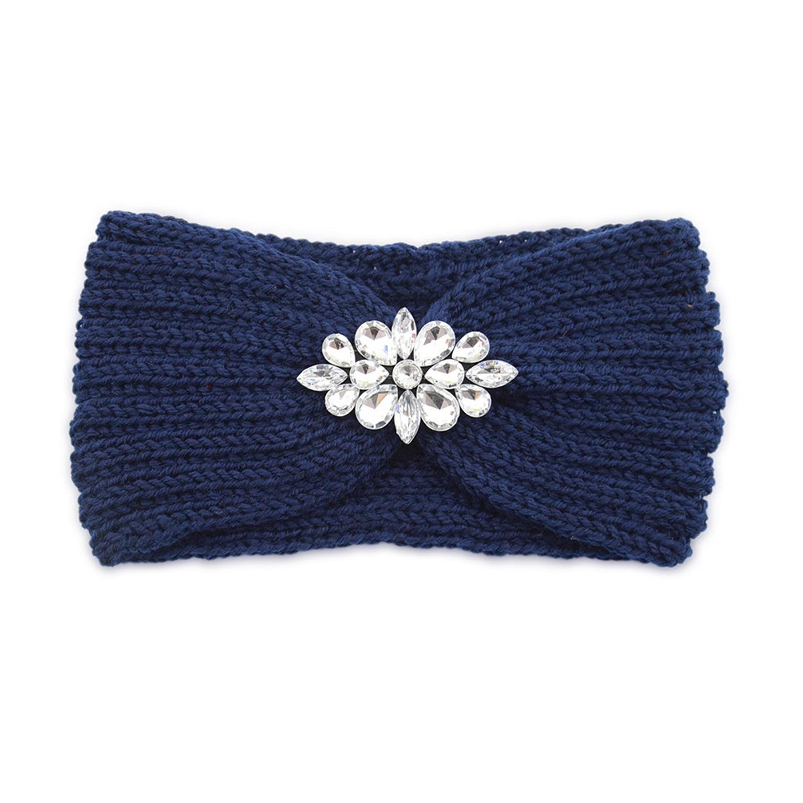 

Зимова широка в язана пов язка на голову для жінок, нова прозора кришталева квітка, в язана пов язка для волосся, пов язка на голову зі стразами, грілки для вух, аксесуари One Size Темно-синій