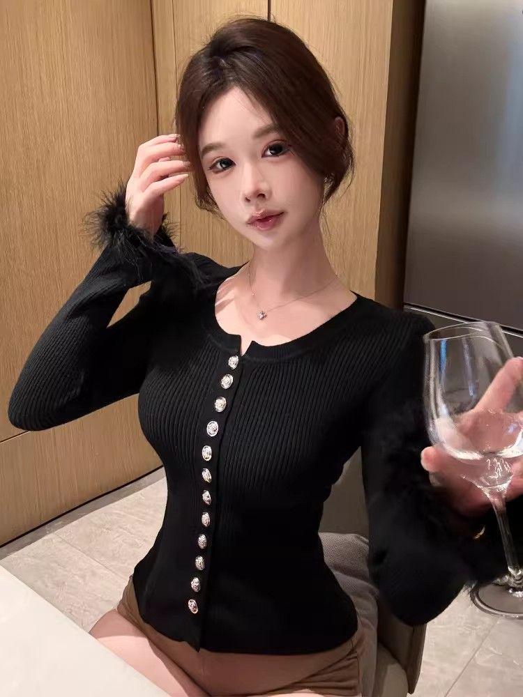 Thousand Gold Wind Furry Sleeve Knit Cardigan - Women's Autumn/Winter Sweater