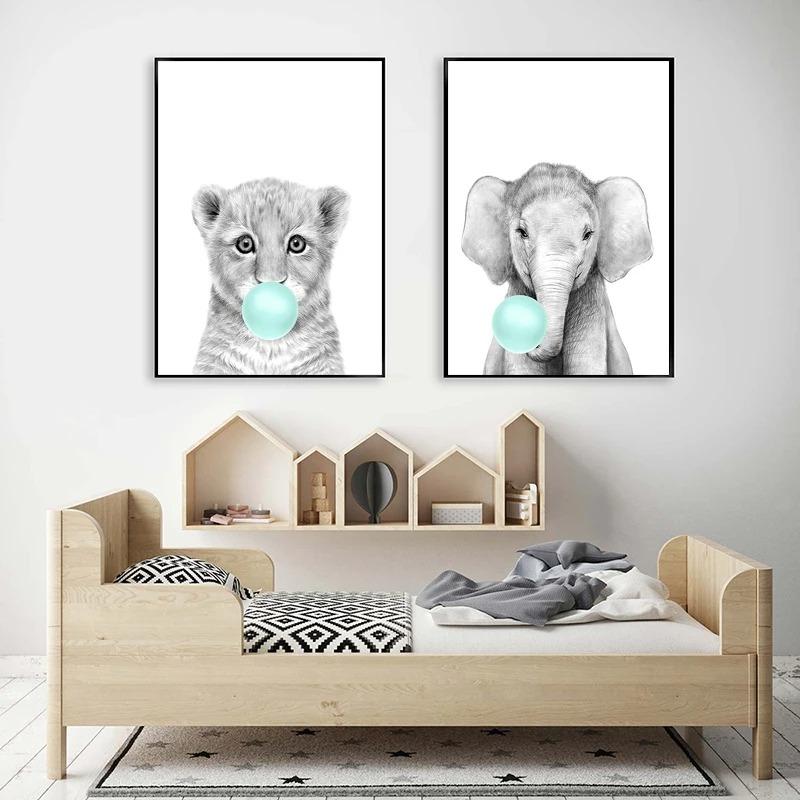 Nordic Kids Room Teal Bubble Elephant Giraffe Child Animal Minimalist Wall Art Print Canvas Painting Posters for Home Decor