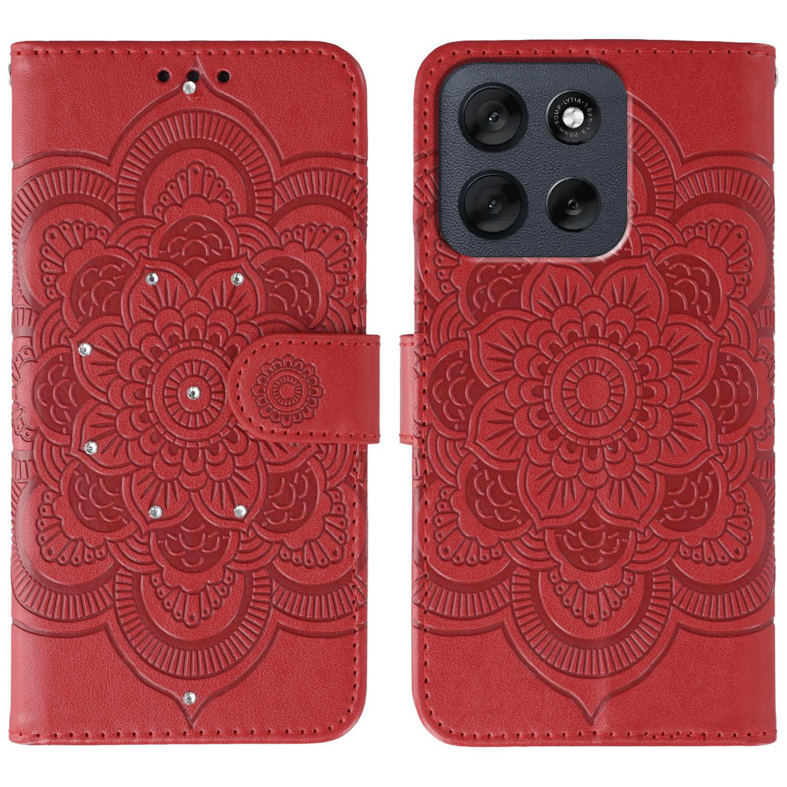 

For Motorola Moto G56 5G Case Rhinestone Decor PU Leather Mandala Imprinted Design Phone Cover with Wrist Strap Red