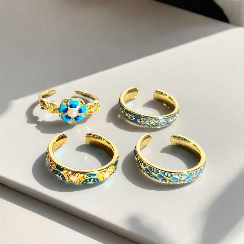 French Retro Enamel Dripping Open Ring, National Tide Texture Flower Niche Design Ring