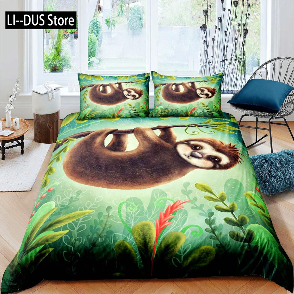 Sloth Duvet Cover Set Cartoon Character Sleeping on Branch Decorative 3 Piece Bedding Set with 2 Pillow Shams Queen Full Size