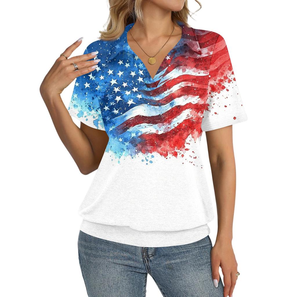 Women's Casual Short Sleeve Collared Shirt Independence Day Stars and Stripes Print V Neck Top for Summer