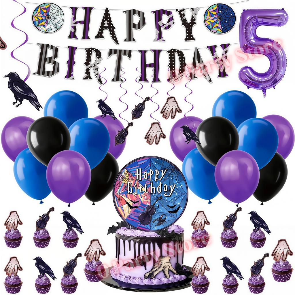 Birthday Party Decorations Supplies Kit Balloons Cups Plates Backdrop Banner Addams Theme Birthday Cake Decor Kids Favor Gifts